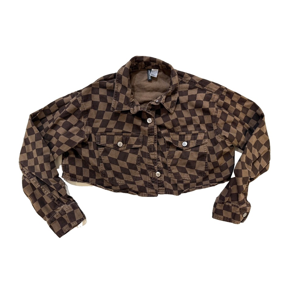 H&M Jacket Womens Medium Brown Checkerboard Cropped Denim Button Fairy Grunge